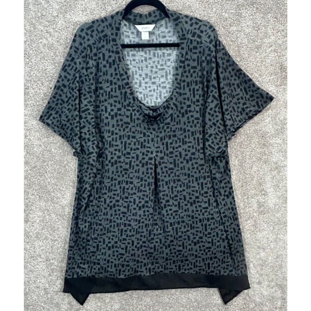 CJ Banks Top Womens 3X‎ Black Gray Geometric Scoop Neck Short Sleeve Blouse